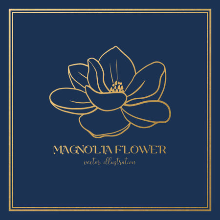 Wedding or party invitation template with a golden magnolia flower. Square card template with botanical designのイラスト素材