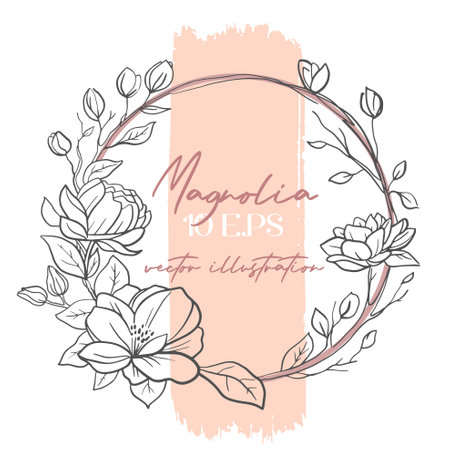 Wedding or party invitation template with round frame with magnolia flowers.のイラスト素材