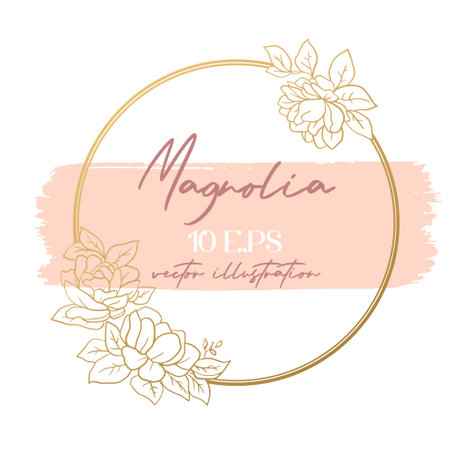 Wedding or party invitation template with gold round frame with magnolia flowers.のイラスト素材