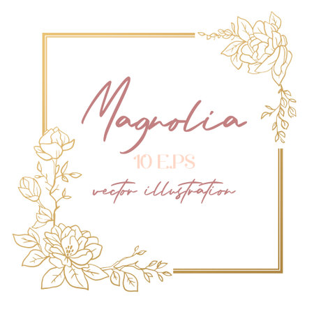 Wedding or party invitation template with a golden magnolia flower. Square card template with botanical designのイラスト素材