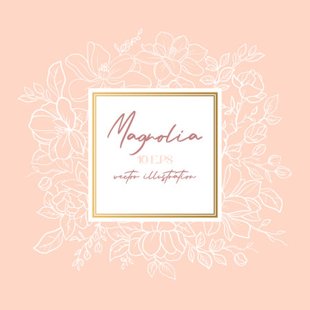 Wedding or party invitation template with a pink magnolia flower. Square card template with botanical designのイラスト素材