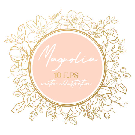 Wedding or party invitation template with gold round frame with magnolia flowers.のイラスト素材
