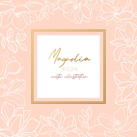 Wedding or party invitation template with a pink magnolia flower. Square card template with botanical designのイラスト素材