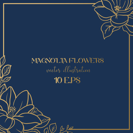 Wedding or party invitation template with golden magnolia flowers. Square card template with botanical designのイラスト素材