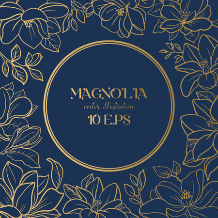 Wedding or party invitation template with gold round frame with magnolia flowers.のイラスト素材