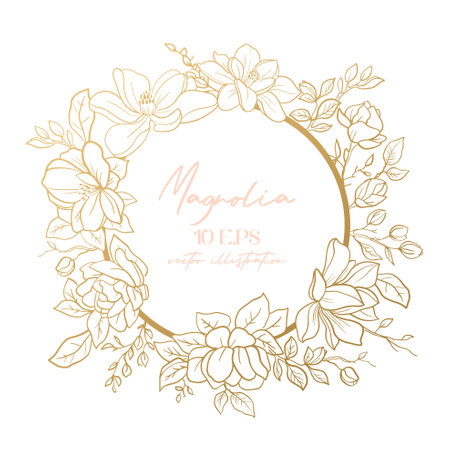 Wedding or party invitation template with gold round frame with magnolia flowers.のイラスト素材