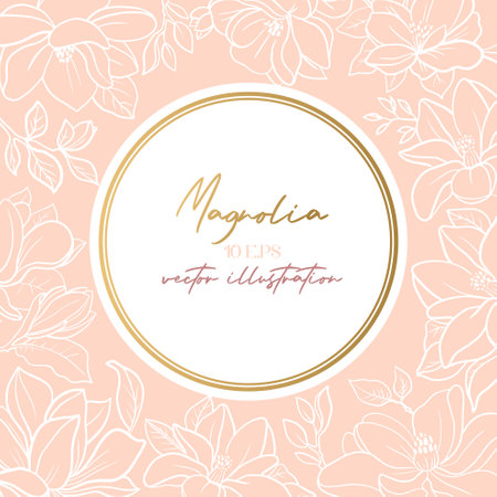 Wedding or party invitation template with gold round frame with magnolia flowers.のイラスト素材