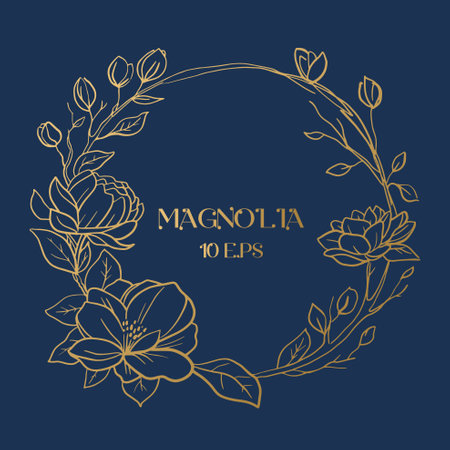 Wedding or party invitation template with round frame with golden magnolia flowers.のイラスト素材