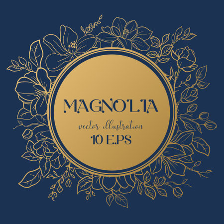 Wedding or party invitation template with gold round frame with magnolia flowers.のイラスト素材