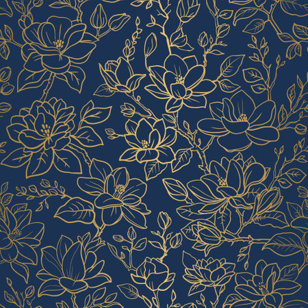Seamless vector vintage gold floral pattern magnolia branches with flowers and leavesのイラスト素材