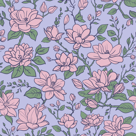 Seamless vector spring floral pattern. Magnolia branches with flowers and leavesのイラスト素材