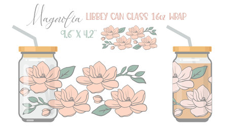 Printable Full wrap for libby class can. Floral pattern with magnolia flowersのイラスト素材