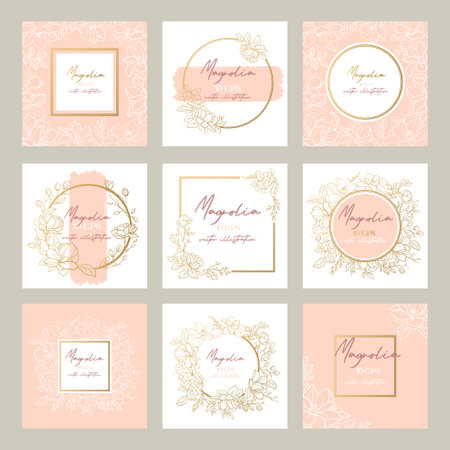 Wedding or party invitation templates with magnolia flowers. Square cards template with botanical designのイラスト素材