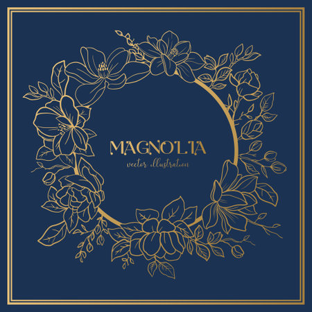 Wedding or party invitation template with gold round frame with magnolia flowers.のイラスト素材