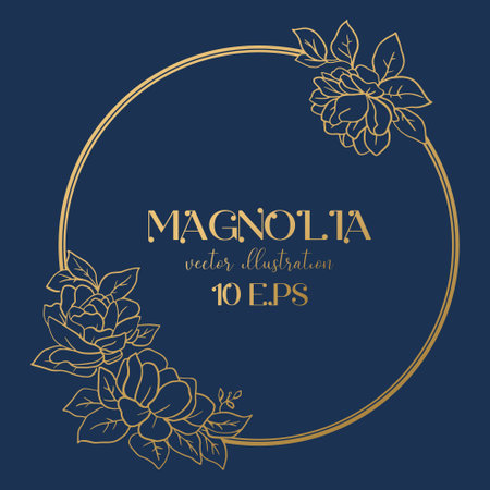 Wedding or party invitation template with round frame with golden magnolia flowers.のイラスト素材