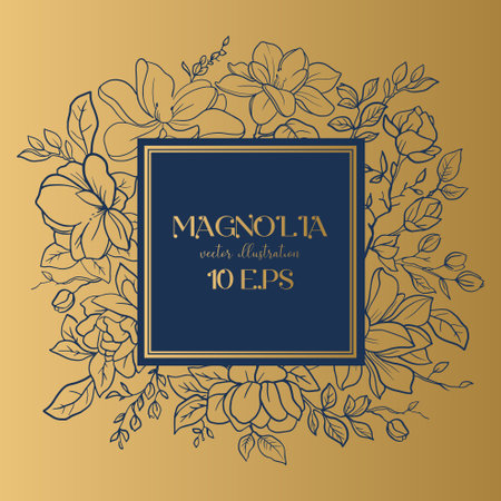 Golden Wedding or party invitation template with round frame with magnolia flowers.のイラスト素材