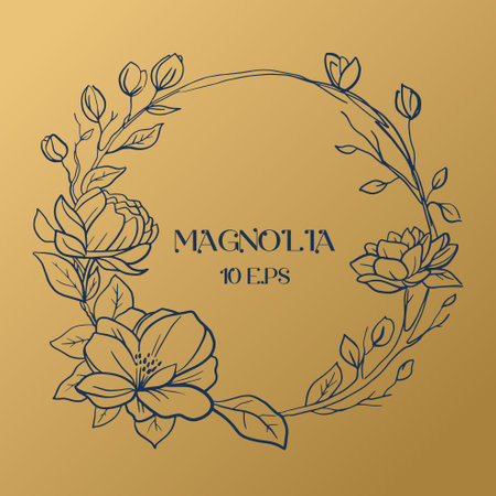 Golden Wedding or party invitation template with round frame with magnolia flowers.のイラスト素材
