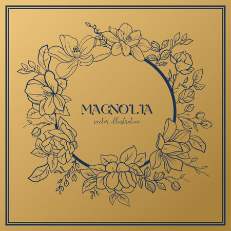 Golden Wedding or party invitation template with round frame with magnolia flowers.のイラスト素材