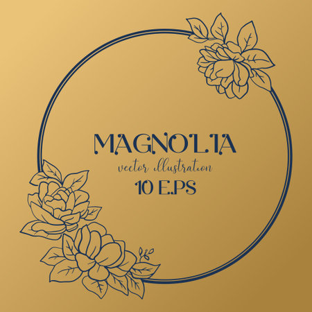 Golden Wedding or party invitation template with round frame with magnolia flowers.のイラスト素材