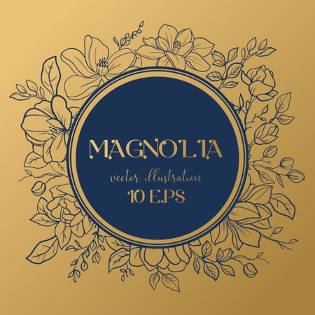 Golden Wedding or party invitation template with round frame with magnolia flowers.のイラスト素材
