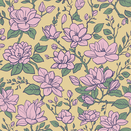 Seamless vector spring floral pattern. Magnolia branches with flowers and leavesのイラスト素材