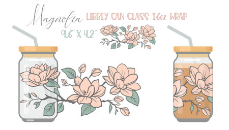 Printable Full wrap for libby class can. Floral pattern with magnolia flowersのイラスト素材