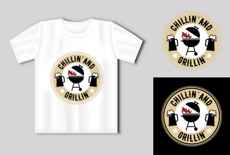 Chillin and Grillin . Vector lettering with grill and beer. Funny BBQ concept with t-shirt mockupのイラスト素材