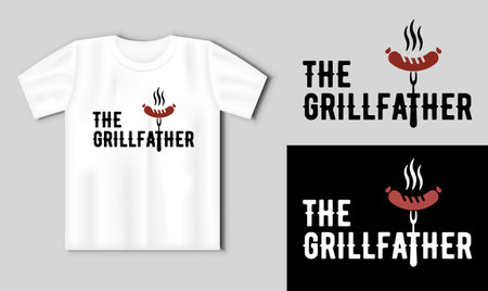The Grillfather.Vector lettering with grilled sausage. Funny BBQ concept with t-shirt mockupのイラスト素材
