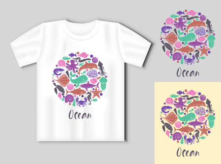 Marine life icons in the form of a circle. Ocean concept with t-shirt mockupのイラスト素材