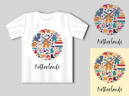 The symbols of the Netherlands in the shape of a circle. Travel concept with t-shirt mockupのイラスト素材