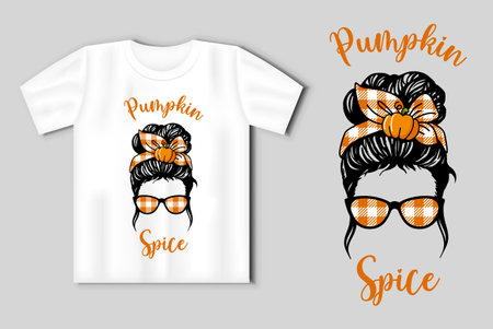 Pumpkin Spice. Fall Messy bun with pumpkin ,, Girl with messy bun and glasses, Buffalo plaid bandana, Halloween concept with t-shirt mockupのイラスト素材