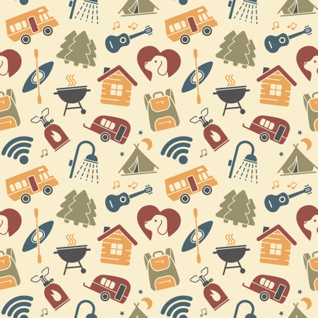 Seamless background of flat camping and outdoor recreation symbols. Vector patternのイラスト素材