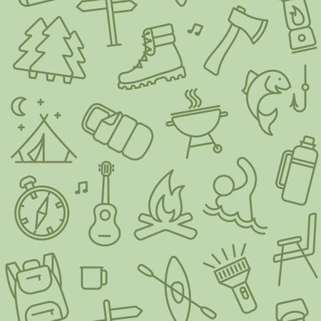 Seamless background with linear symbols of hiking and outdoor recreation. Vector Illustrationのイラスト素材