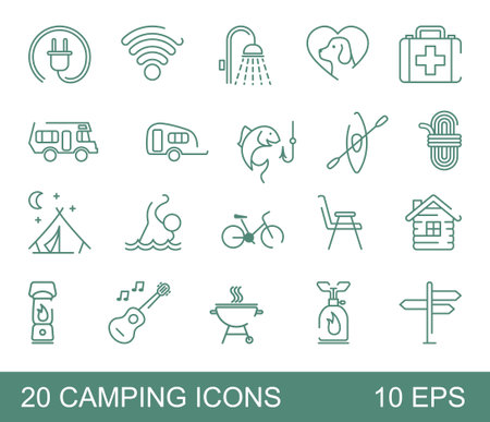 A set of thin linear icons on the theme of camping and outdoor recreation. Vector Illustrationのイラスト素材
