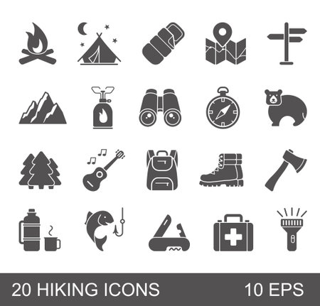 A set of flat icons on the theme of hiking and outdoor recreation. Vector Illustrationのイラスト素材