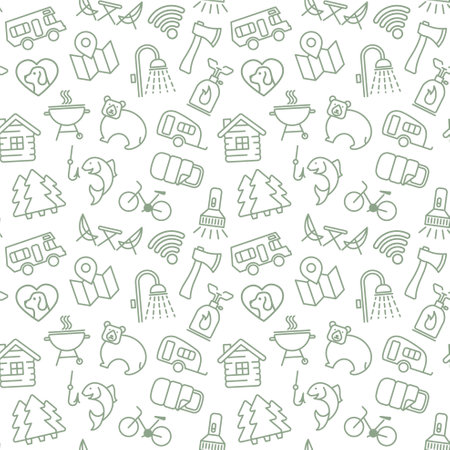 Seamless background with linear symbols of camping and outdoor recreation. Vector Illustrationのイラスト素材