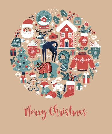 Christmas Card template with forest animals and decorative elements in vintage scandinavian hand drawn style and letteringのイラスト素材