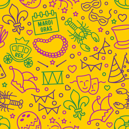 Mardi Gras carnival pattern, linear style. Seamless background Mardi Gras, mask with feathers, beads, joker, fleur de lis, comedy and tragedy, party decorations. Vector illustrationのイラスト素材