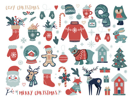 Christmas clipart with forest animals and decorative elements in scandinavian hand drawn style and letteringのイラスト素材