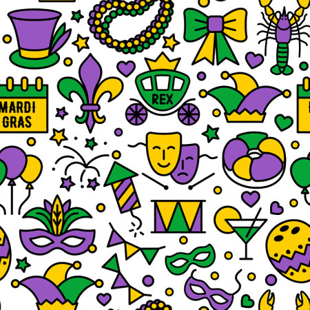 Mardi Gras carnival pattern, flat style. Seamless background Mardi Gras, mask with feathers, beads, joker, fleur de lis, comedy and tragedy, party decorations. Vector illustrationのイラスト素材