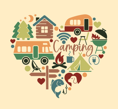 Flat icons in the heart shape on the theme of camping and outdoor recreation. Vector Illustrationのイラスト素材