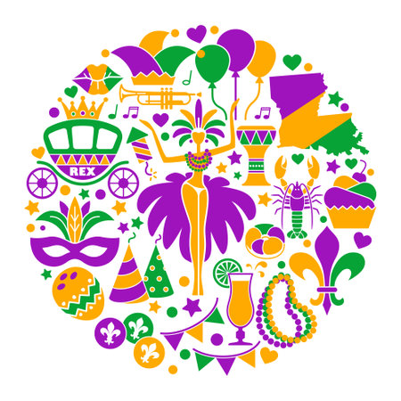 Mardi Gras carnival round composition, flat style. Mask with feathers, beads, joker, fleur de lis, comedy and tragedy, party decorations. Vector illustrationのイラスト素材
