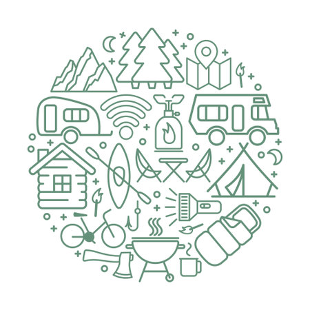 Round set of thin linear icons on the theme of camping and outdoor recreation. Vector Illustrationのイラスト素材