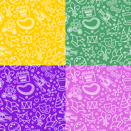 Mardi Gras carnival pattern, linear style. Seamless background Mardi Gras, mask with feathers, beads, joker, fleur de lis, comedy and tragedy, party decorations. Vector illustrationのイラスト素材