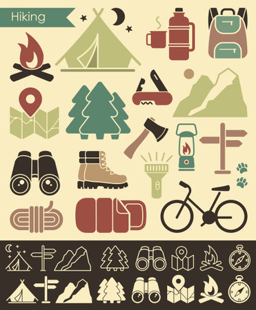 Flat icons in retro style on the theme of hiking and outdoor recreation. Vector Illustrationのイラスト素材