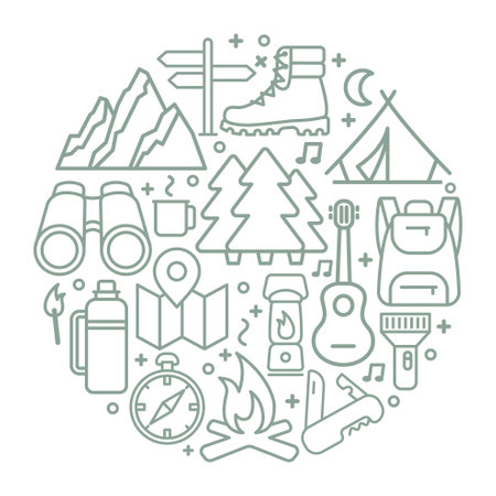 Hiking line icons set. Modern graphic design concepts, simple outline elements collection. Vector line icons in the shape of a circleのイラスト素材