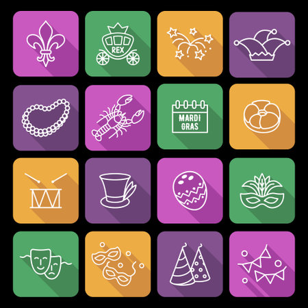 Mardi Gras carnival set icons, design element, linear style. Collection Mardi Gras, mask, fleur de lis, comedy and tragedy, party decorations. Vector illustration, clip artのイラスト素材