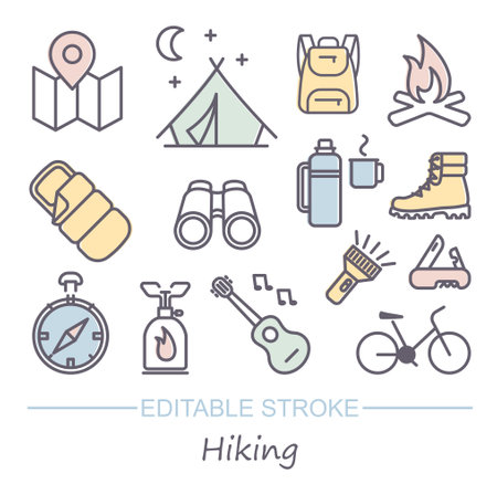 Camping line icons set. Modern graphic design concepts, simple outline elements collection. Vector line icons with editable strokeのイラスト素材