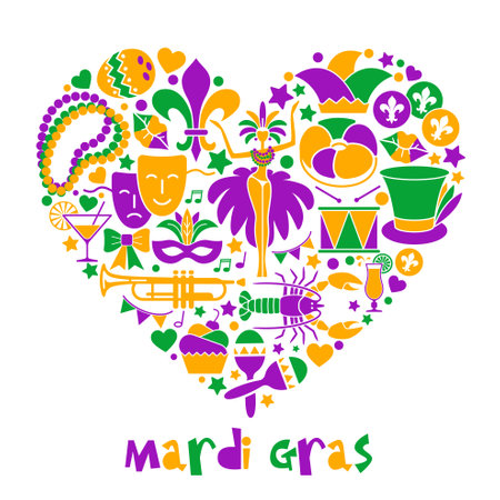 Mardi Gras carnival heart composition, flat style. Mask with feathers, beads, joker, fleur de lis, comedy and tragedy, party decorations. Vector illustrationのイラスト素材