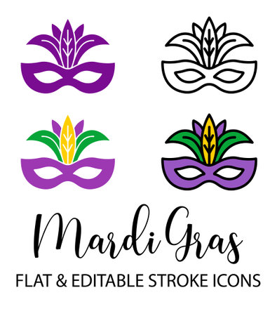 Mardi Gras mask. Outline icon with editable stroke. Linear Mardi Gras Symbol and flat iconのイラスト素材
